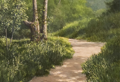 Oil painting by Tim Long, Chadds Ford, PA. Path in the woods near the Brandywine Conservancy & Museum of Art