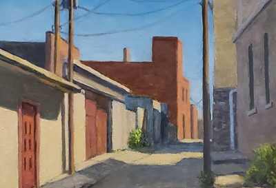 Oil painting by Tim Long, an alley in Fredericksburg, Virginia