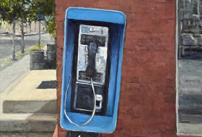 Oil painting by Tim Long of an old abandoned payphone