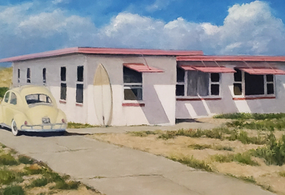 Oil painting of house at OBX North Carolina with Volkswagon