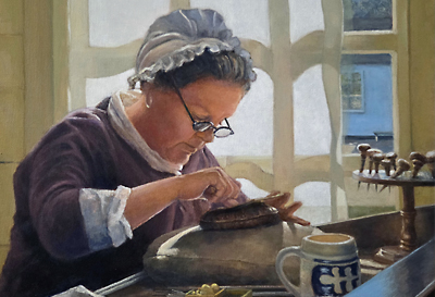 Painting of a woman engraving in Colonial Williamsburg